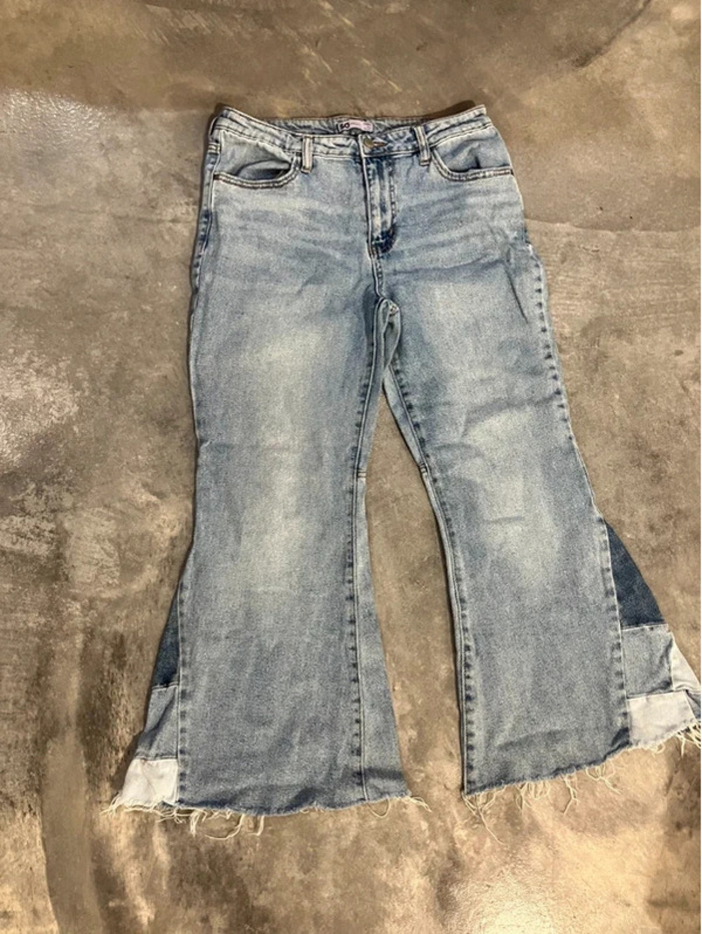 SO Flare Jeans Juniors 11 30W Patchwork Light Acid Wash Raw Hem Bell Bottom